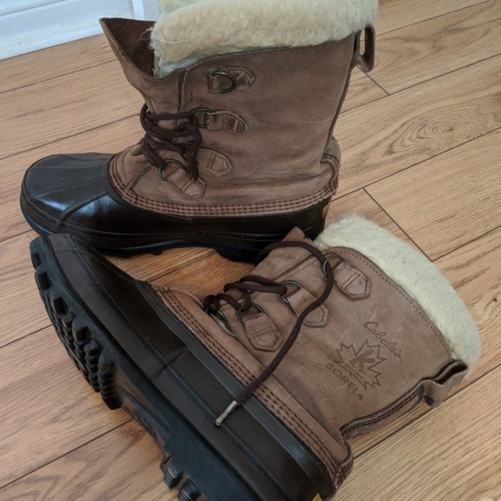 Cabelas Sorel Mens  Brown Leather Lace Up Lined Snow Winter Duck Boots